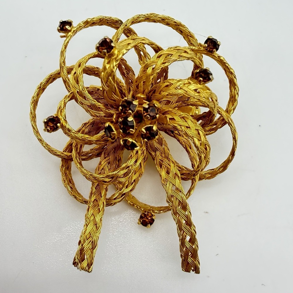 Vtg Gold Mesh Ribbon Brooch Pin Bow Woven Knitted Floral Rhinestones 3D Estate